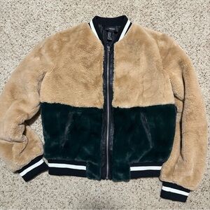 Faux Fur Colorblock Varsity Bomber Jacket